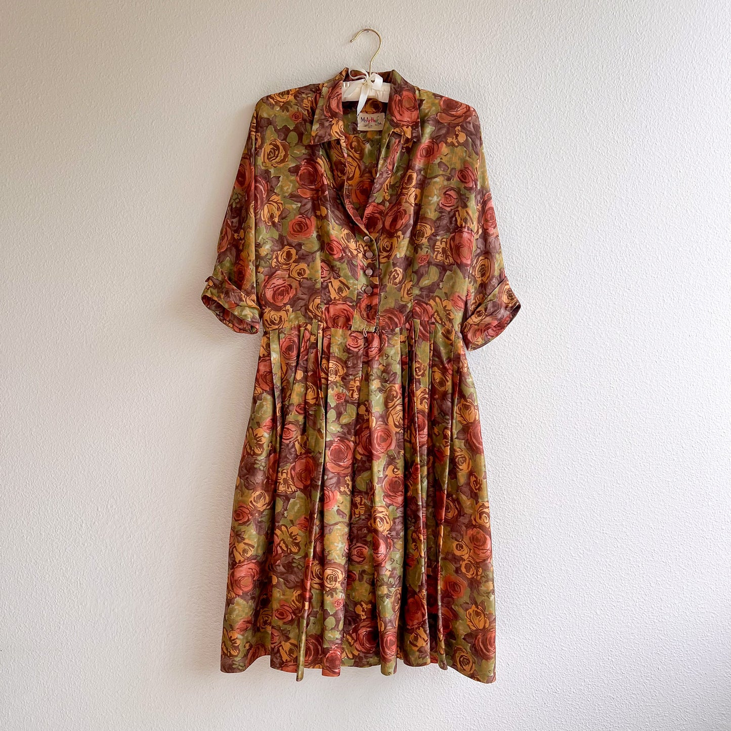 1950s Rich Autumnal Pattern Silk Dress (M/L)