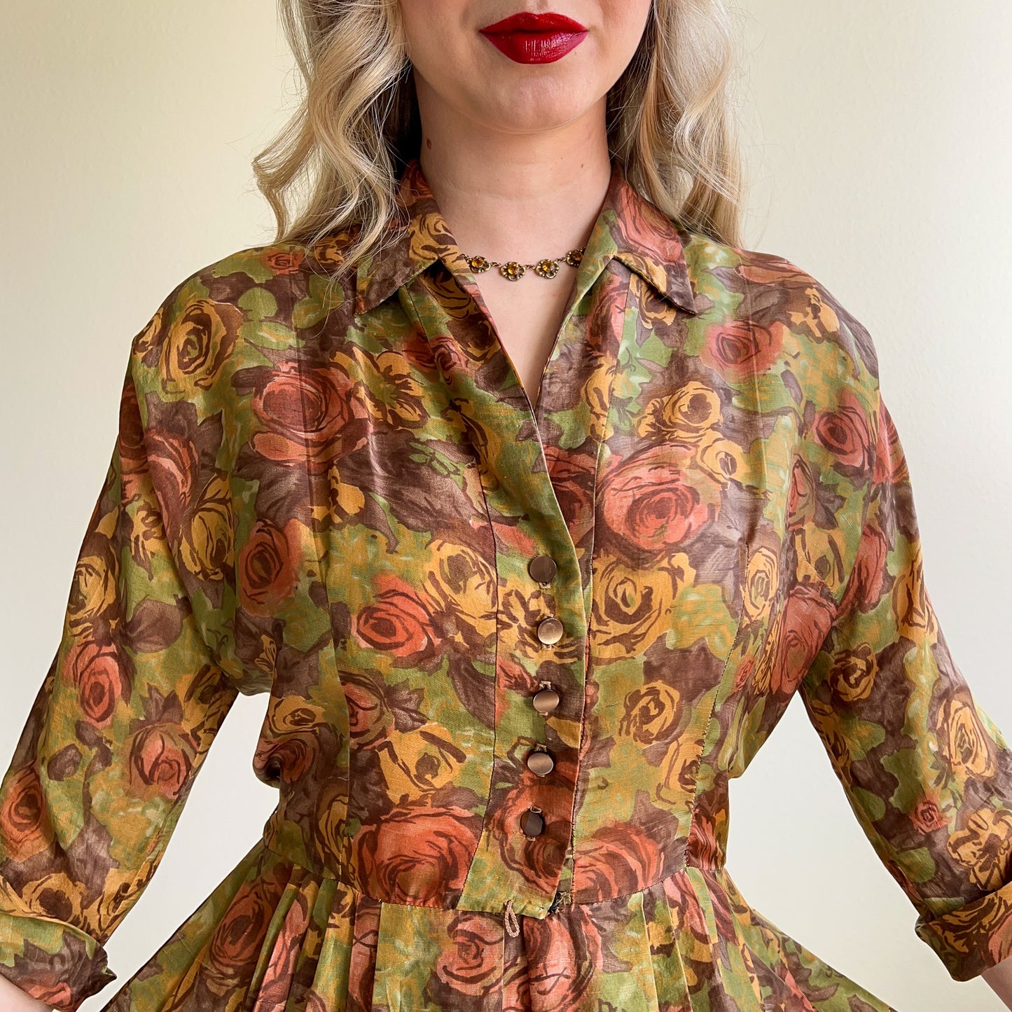 1950s Rich Autumnal Pattern Silk Dress (M/L)