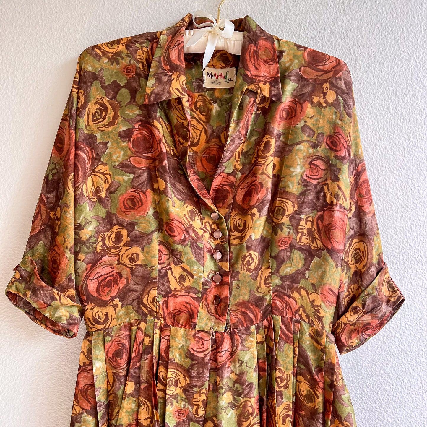 1950s Rich Autumnal Pattern Silk Dress (M/L)