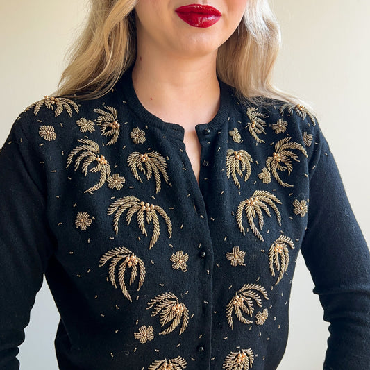 1950s Black Cardigan With Copper Fireworks Beading (XS/S)