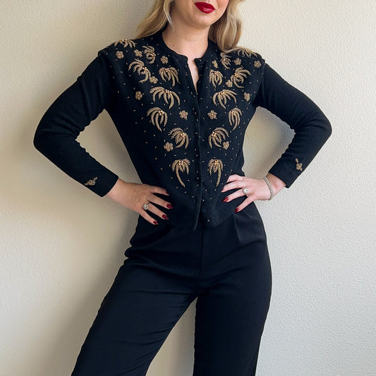 1950s Black Cardigan With Copper Fireworks Beading (XS/S)