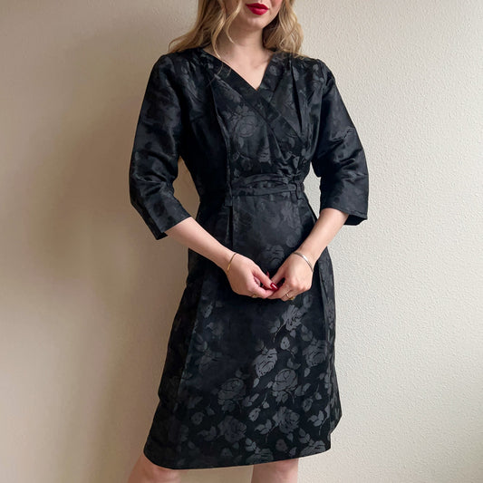 Fabulous 1950s Black Silk Jacquard Roses Dress (M)