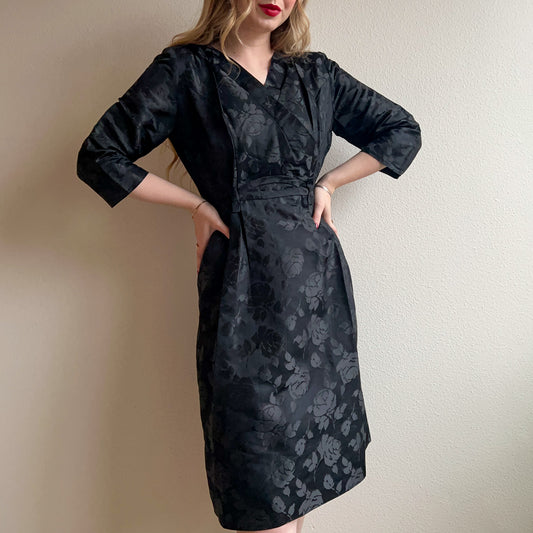 Fabulous 1950s Black Silk Jacquard Roses Dress (M)