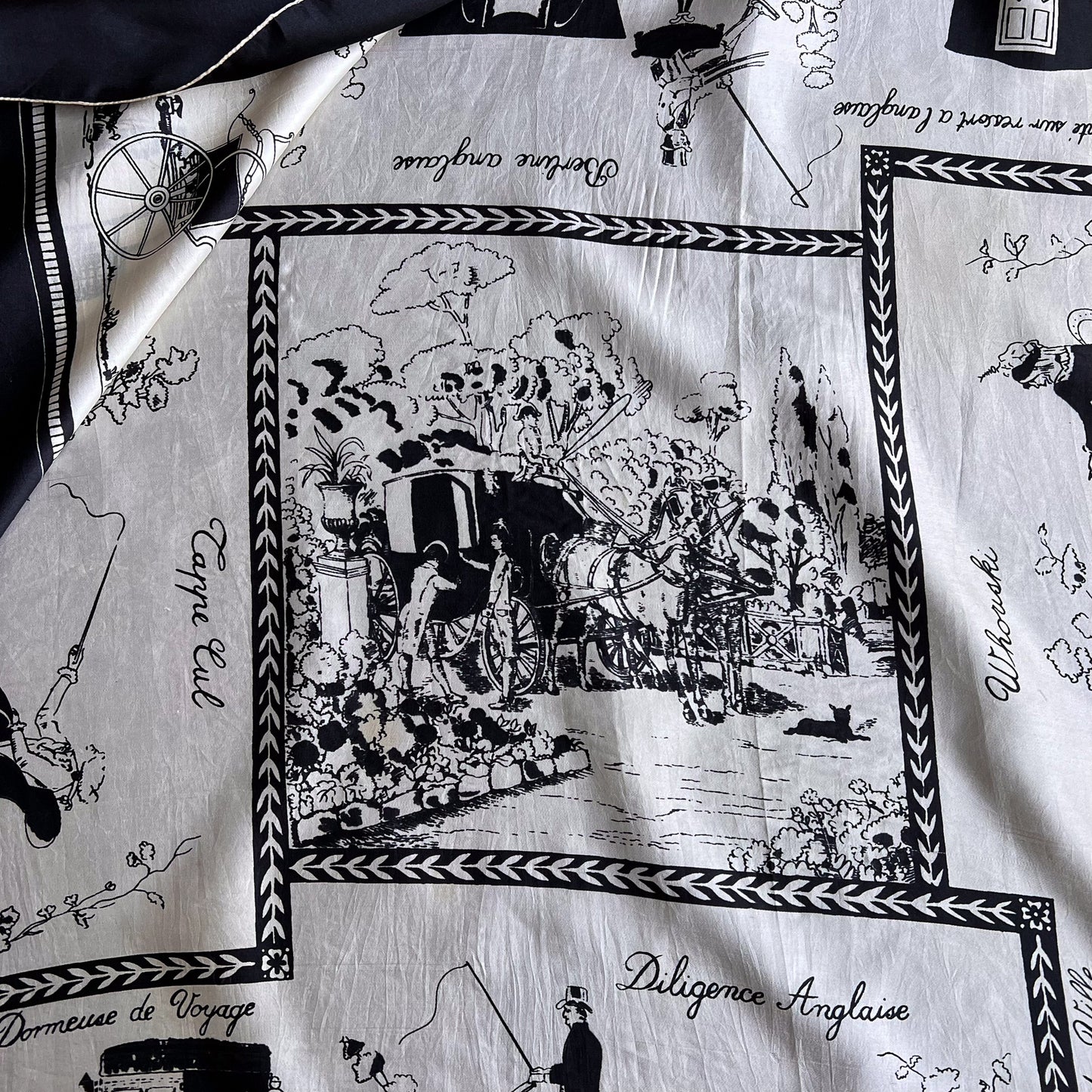 1950s Black and White Victorian Carriages Silk Scarf