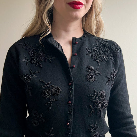 1950s Black Wool Cardigan With Black Beading (S/M)