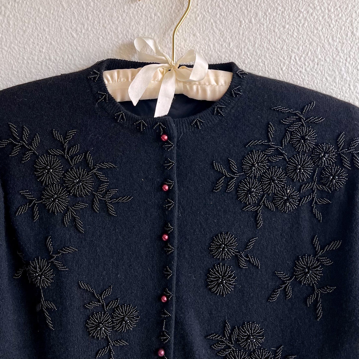 1950s Black Wool Cardigan With Black Beading (S/M)