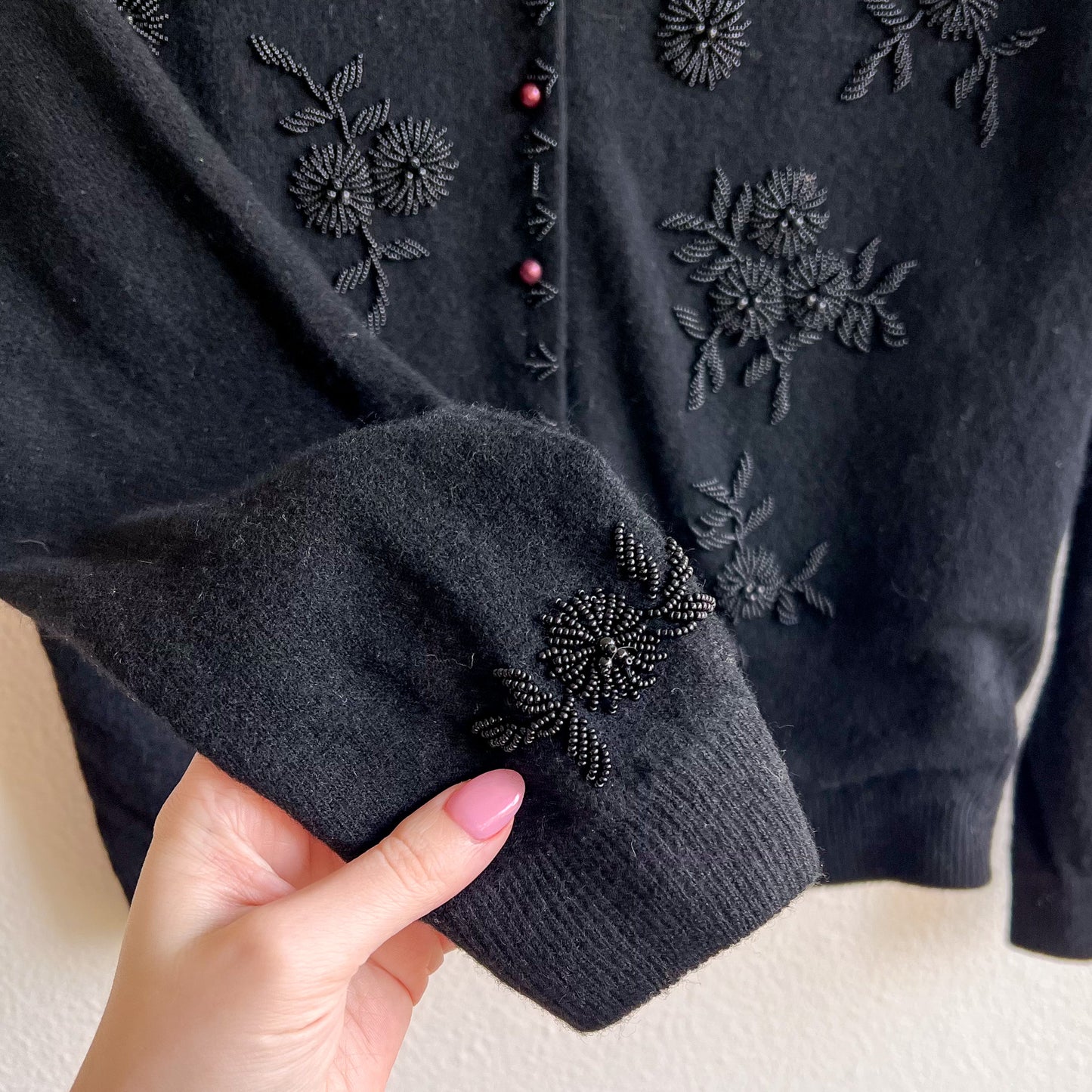 1950s Black Wool Cardigan With Black Beading (S/M)