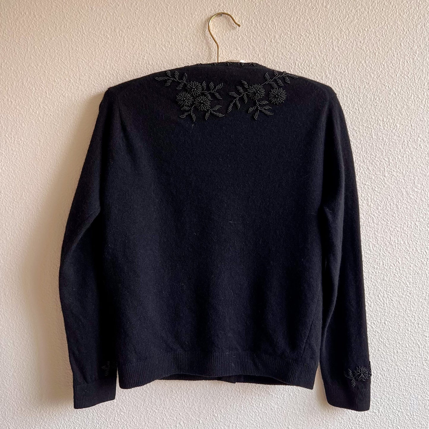 1950s Black Wool Cardigan With Black Beading (S/M)