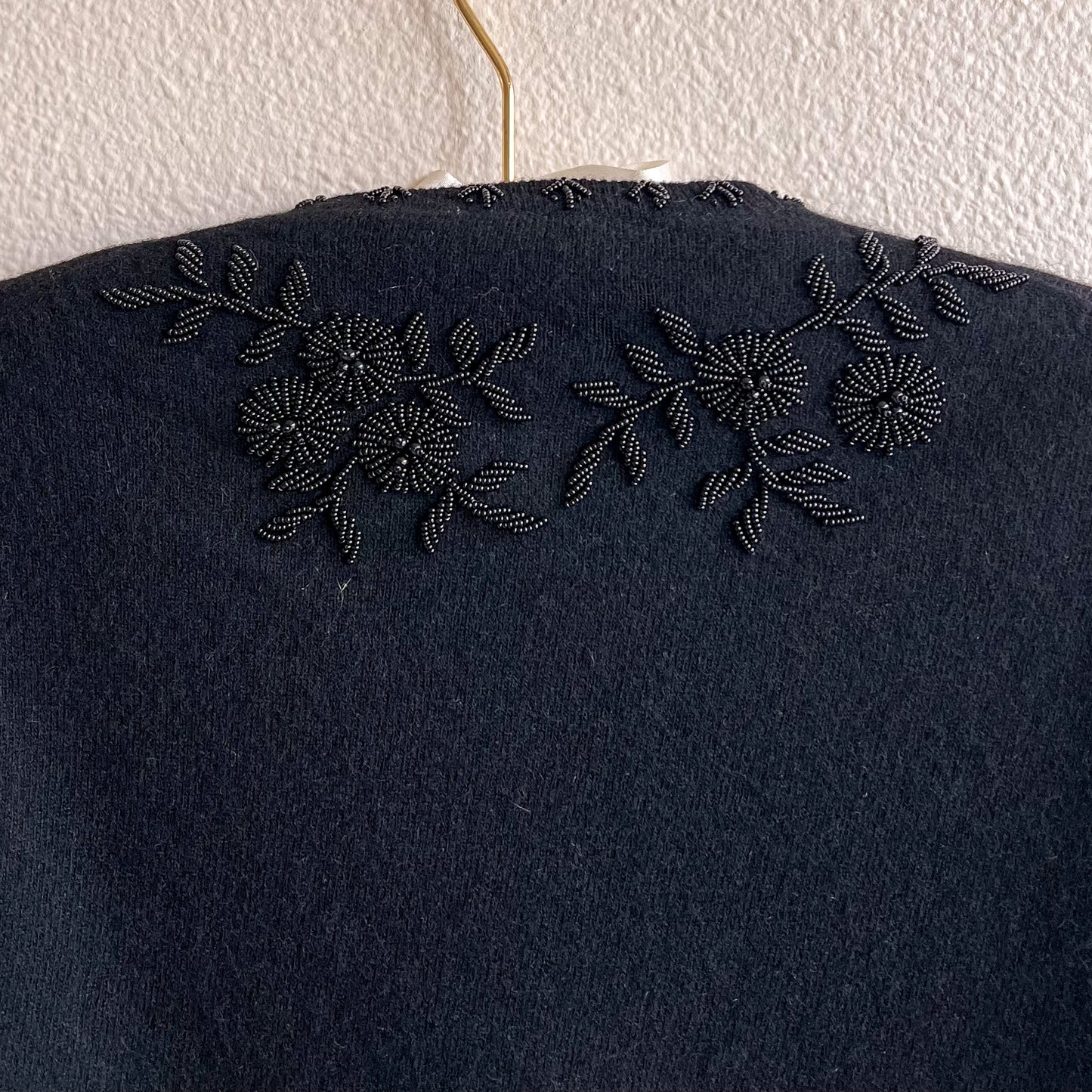 1950s Black Wool Cardigan With Black Beading (S/M)