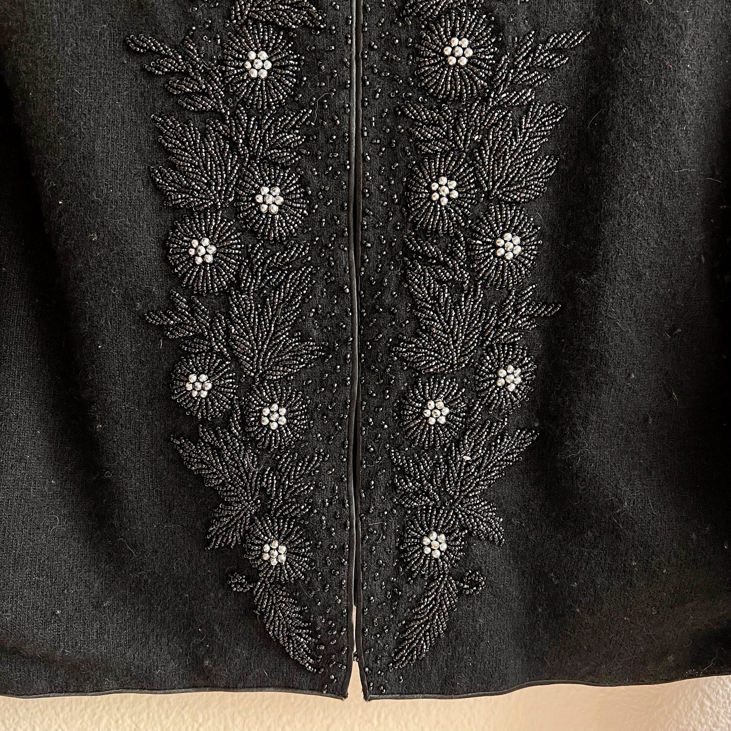 Darling 1950s Black Wool Cardigan With Beaded Floral Details (XS/S)