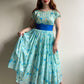 Glamorous 1950s Blue Floral Chiffon Cocktail Dress (S)