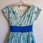 Glamorous 1950s Blue Floral Chiffon Cocktail Dress (S)