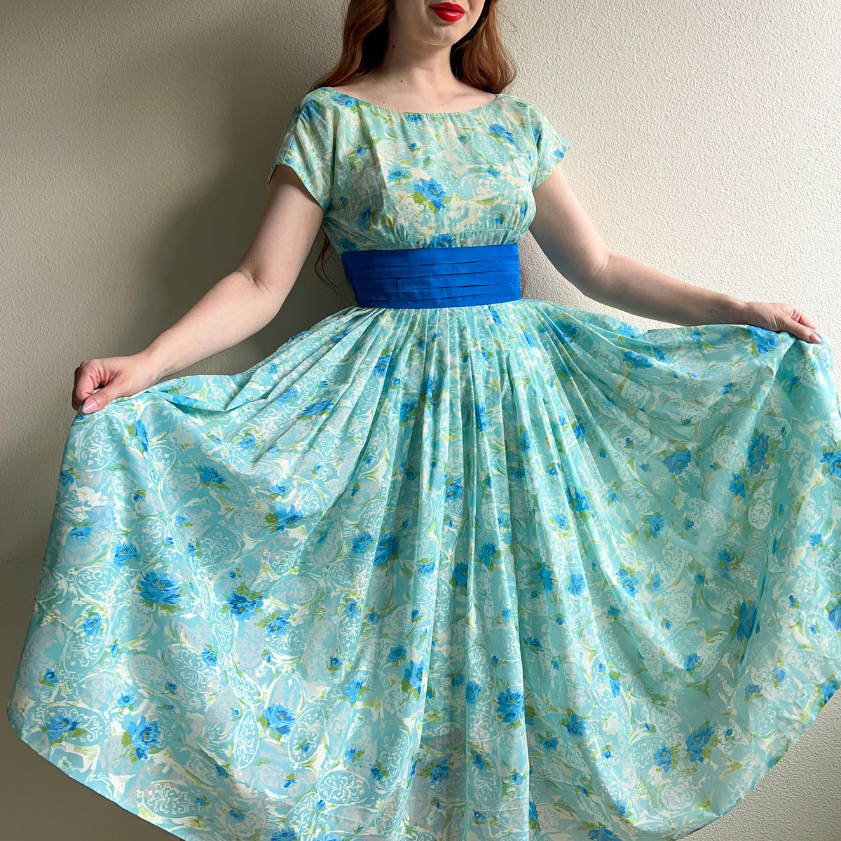 Glamorous 1950s Blue Floral Chiffon Cocktail Dress (S)