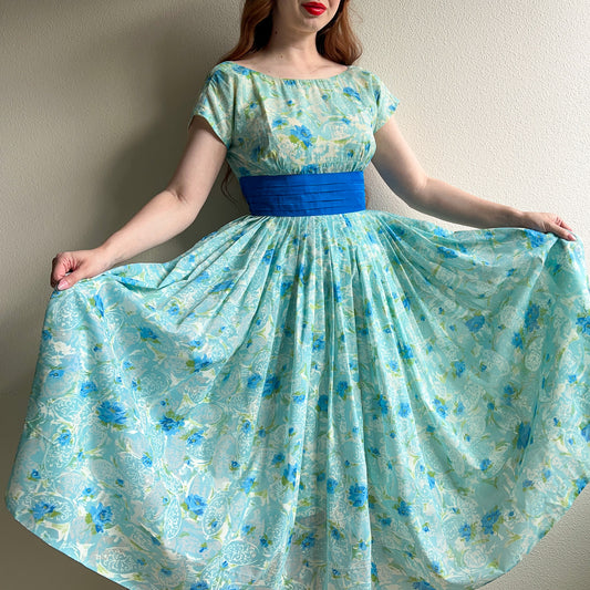 Glamorous 1950s Blue Floral Chiffon Cocktail Dress (S)