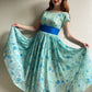 Glamorous 1950s Blue Floral Chiffon Cocktail Dress (S)