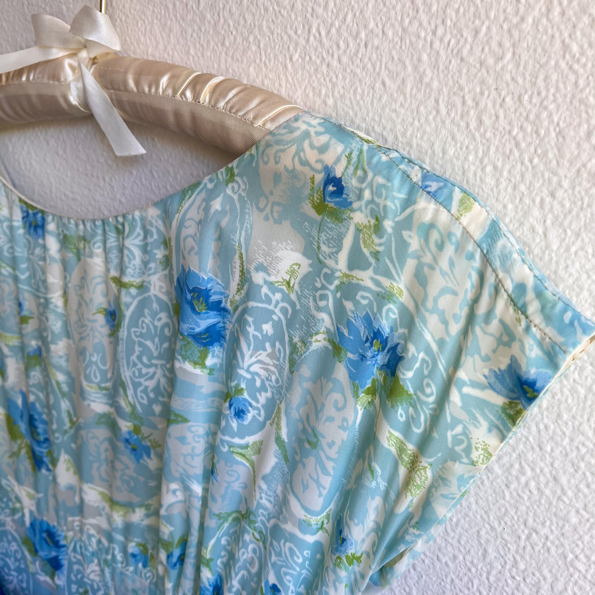 Glamorous 1950s Blue Floral Chiffon Cocktail Dress (S)