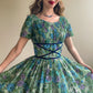 1950s Blue Floral Cotton Dress With Velvet Trim (S/M)