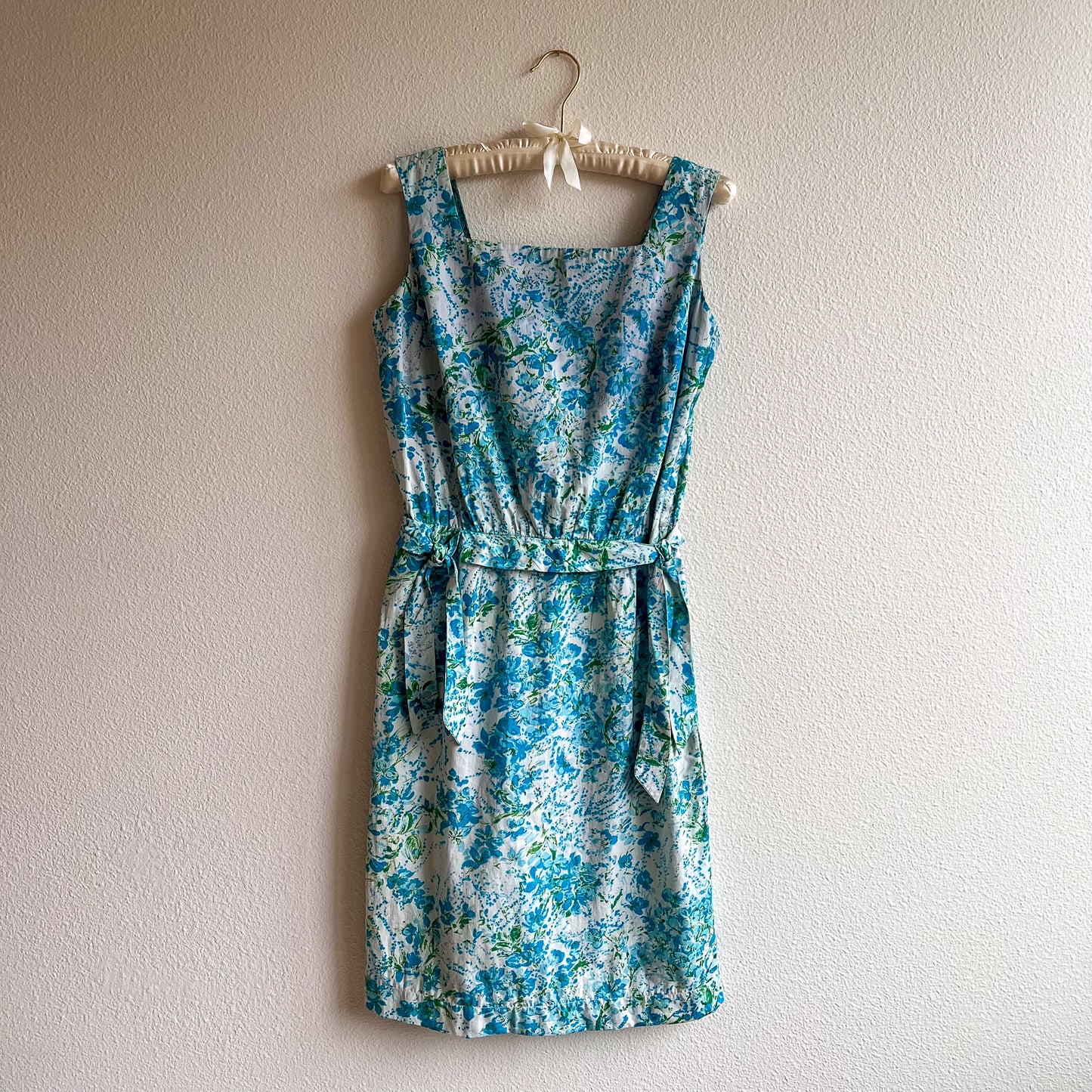 1950s Blue Floral Cotton Summer Dress (S)