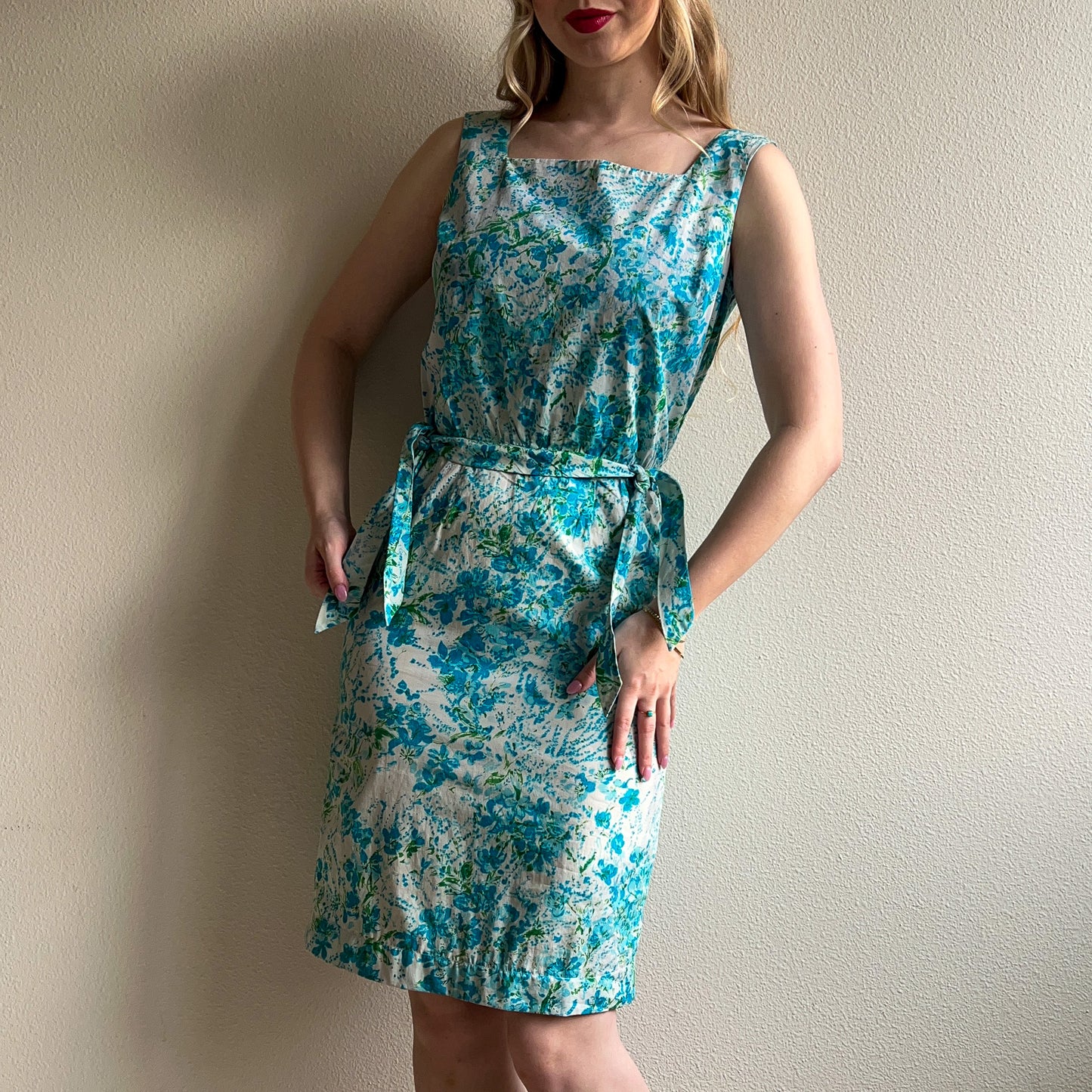 1950s Blue Floral Cotton Summer Dress (S)