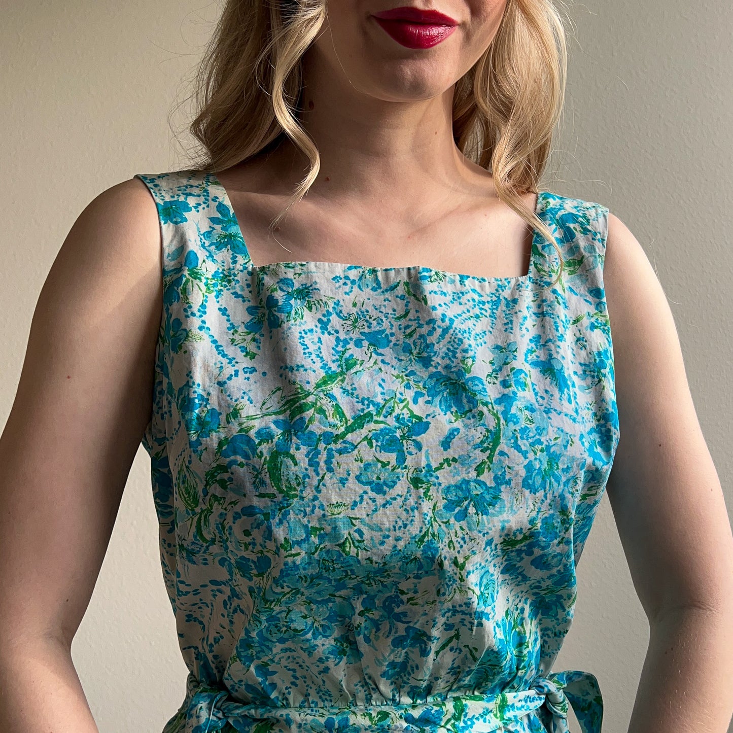 1950s Blue Floral Cotton Summer Dress (S)