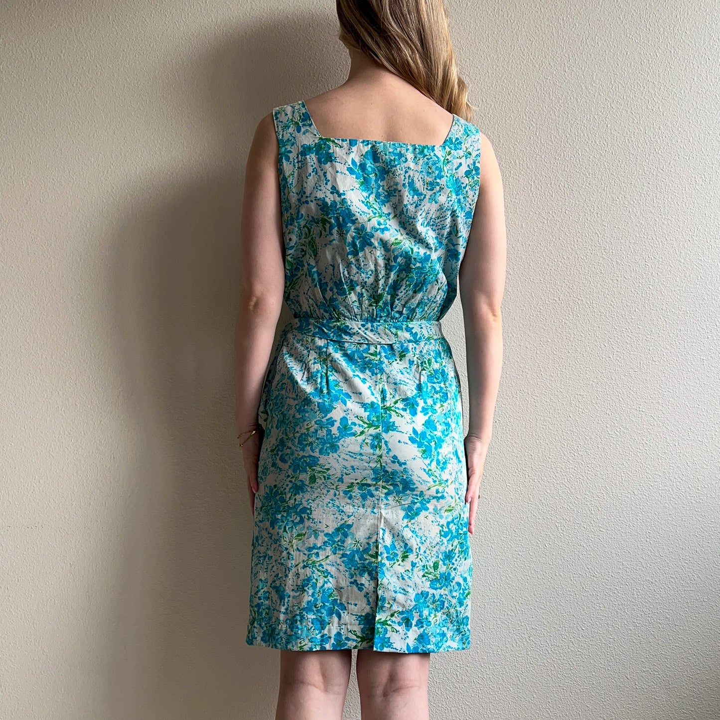 1950s Blue Floral Cotton Summer Dress (S)