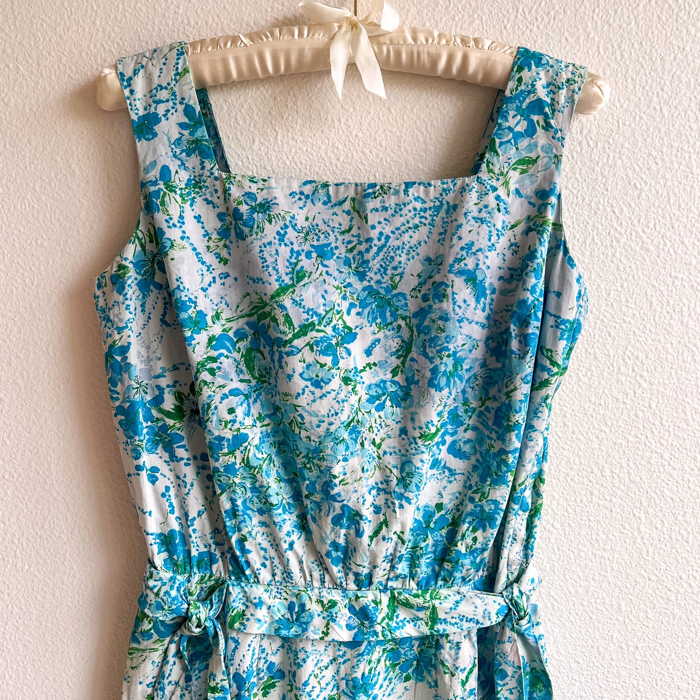 1950s Blue Floral Cotton Summer Dress (S)