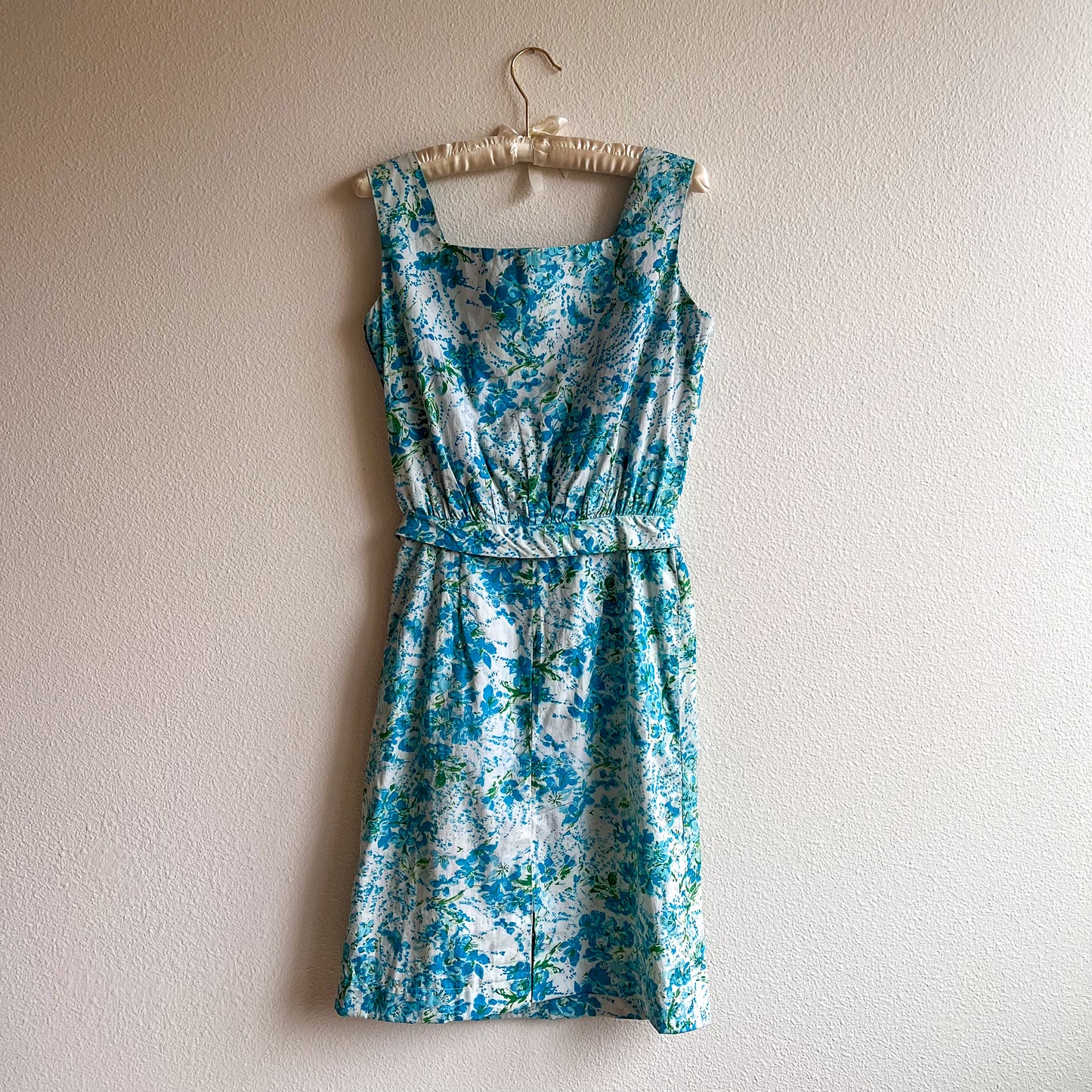 1950s Blue Floral Cotton Summer Dress (S)
