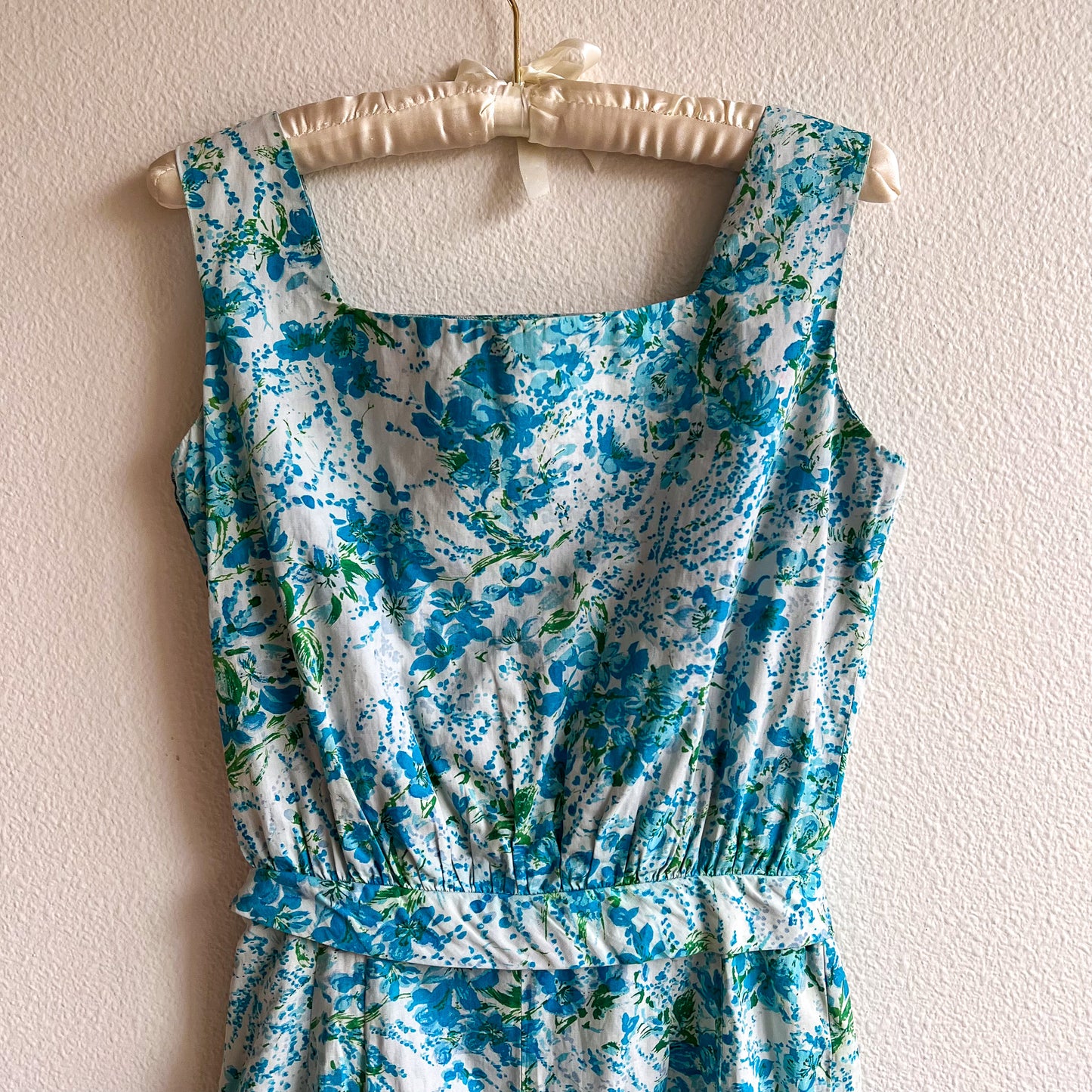 1950s Blue Floral Cotton Summer Dress (S)