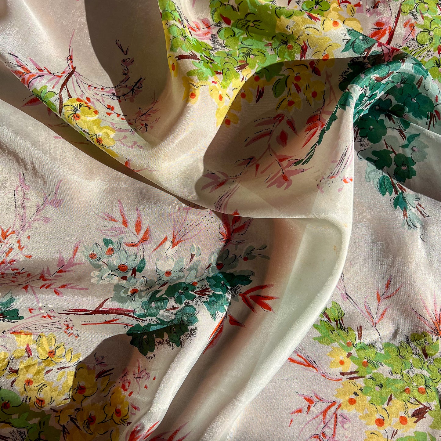 Romantic 1950s Floral Printed Silk Scarf