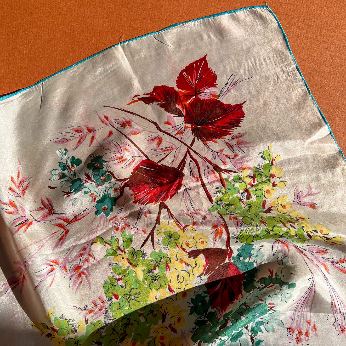 Romantic 1950s Floral Printed Silk Scarf