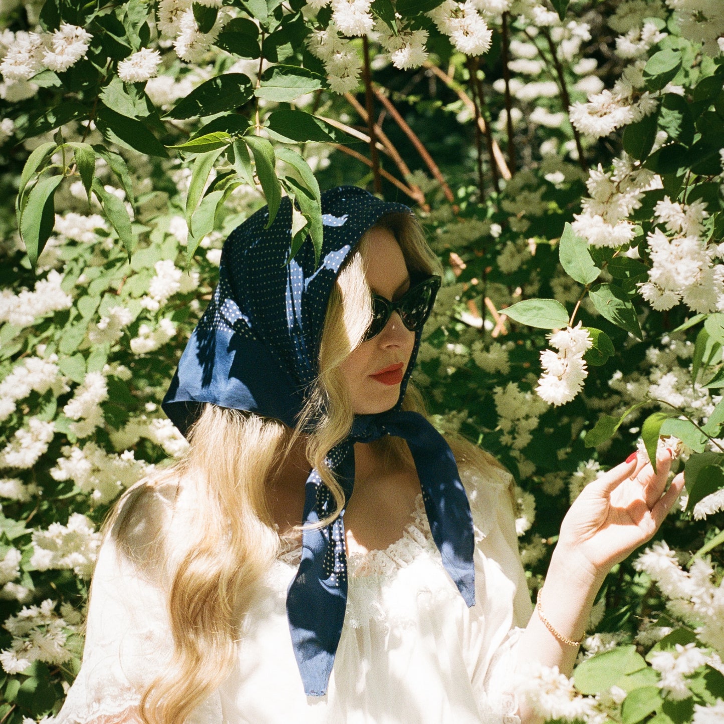 1950s Royal Blue Head Scarf With White Polka Dots