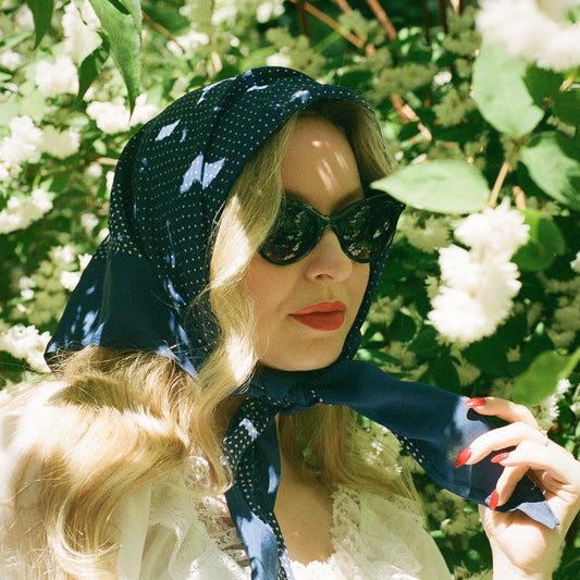 1950s Royal Blue Head Scarf With White Polka Dots