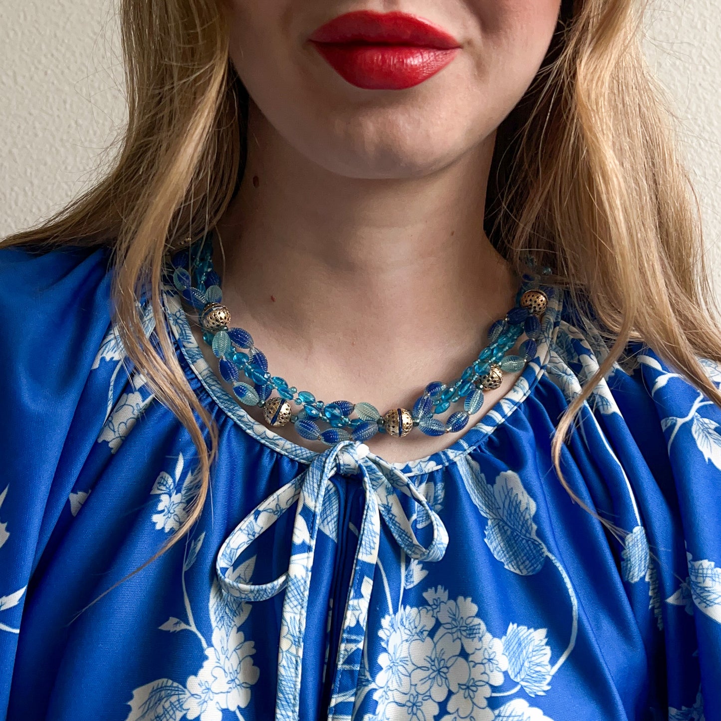 1950s Blue Lucite Filigree Beaded Necklace