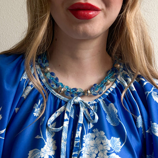 1950s Blue Lucite Filigree Beaded Necklace