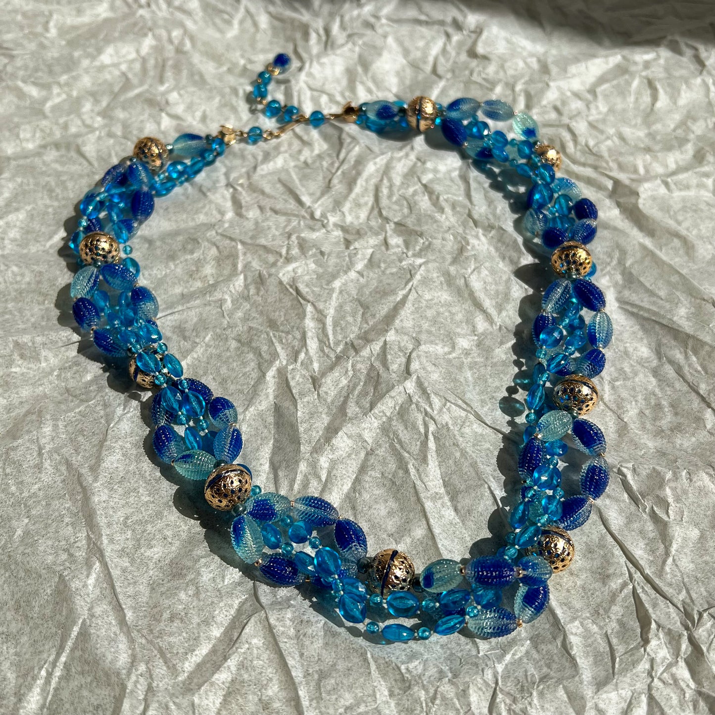 1950s Blue Lucite Filigree Beaded Necklace