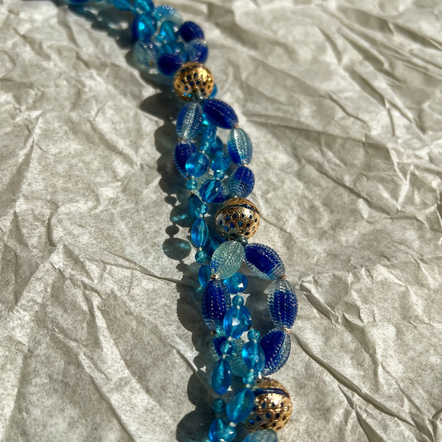 1950s Blue Lucite Filigree Beaded Necklace
