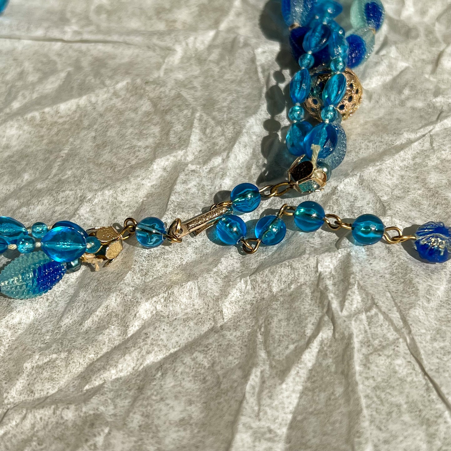 1950s Blue Lucite Filigree Beaded Necklace