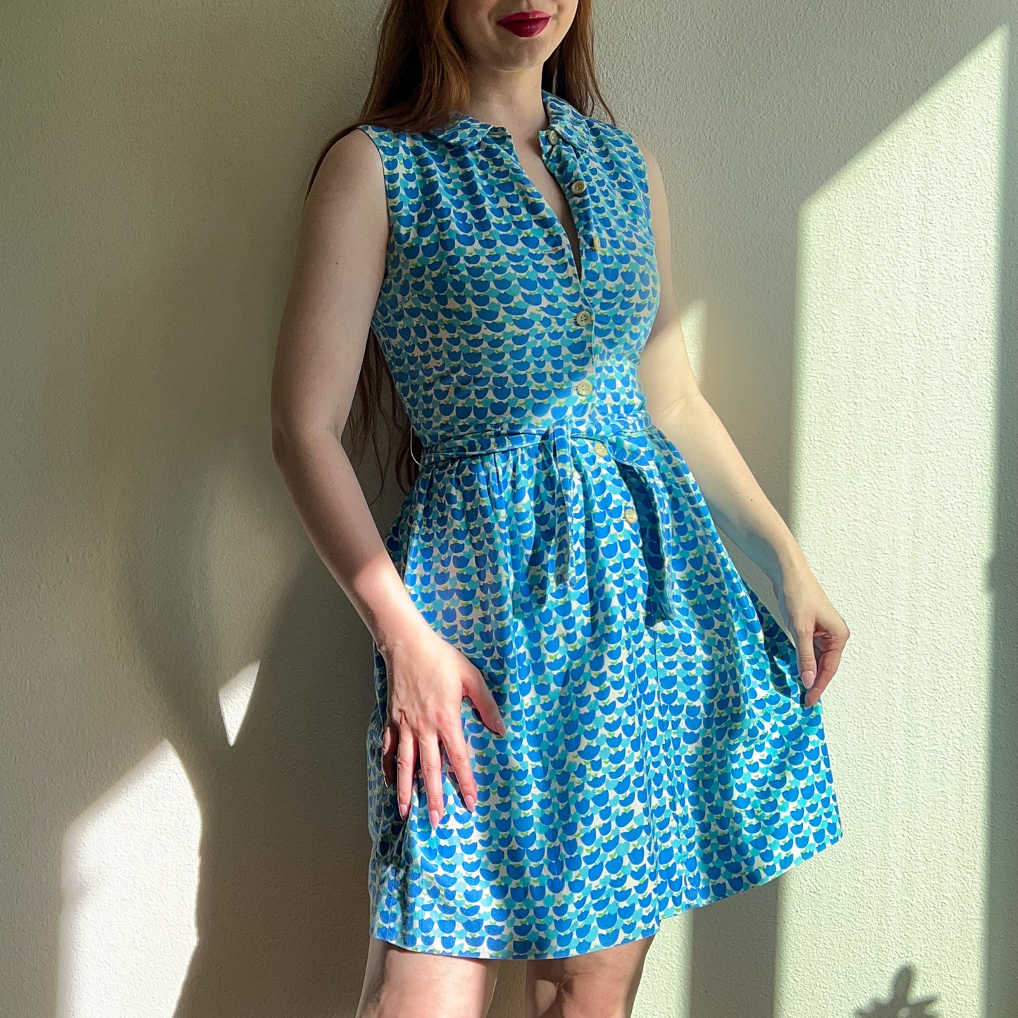 1950s Sleeveless Summer Dress With Blue Tulip Print (S)