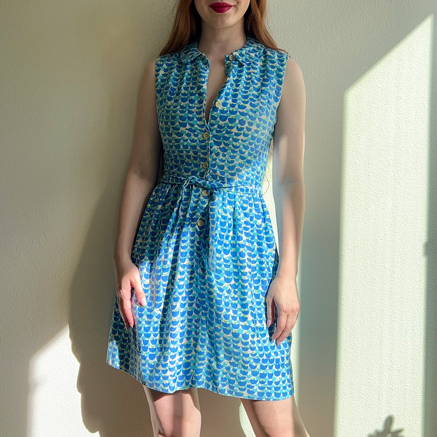 1950s Sleeveless Summer Dress With Blue Tulip Print (S)