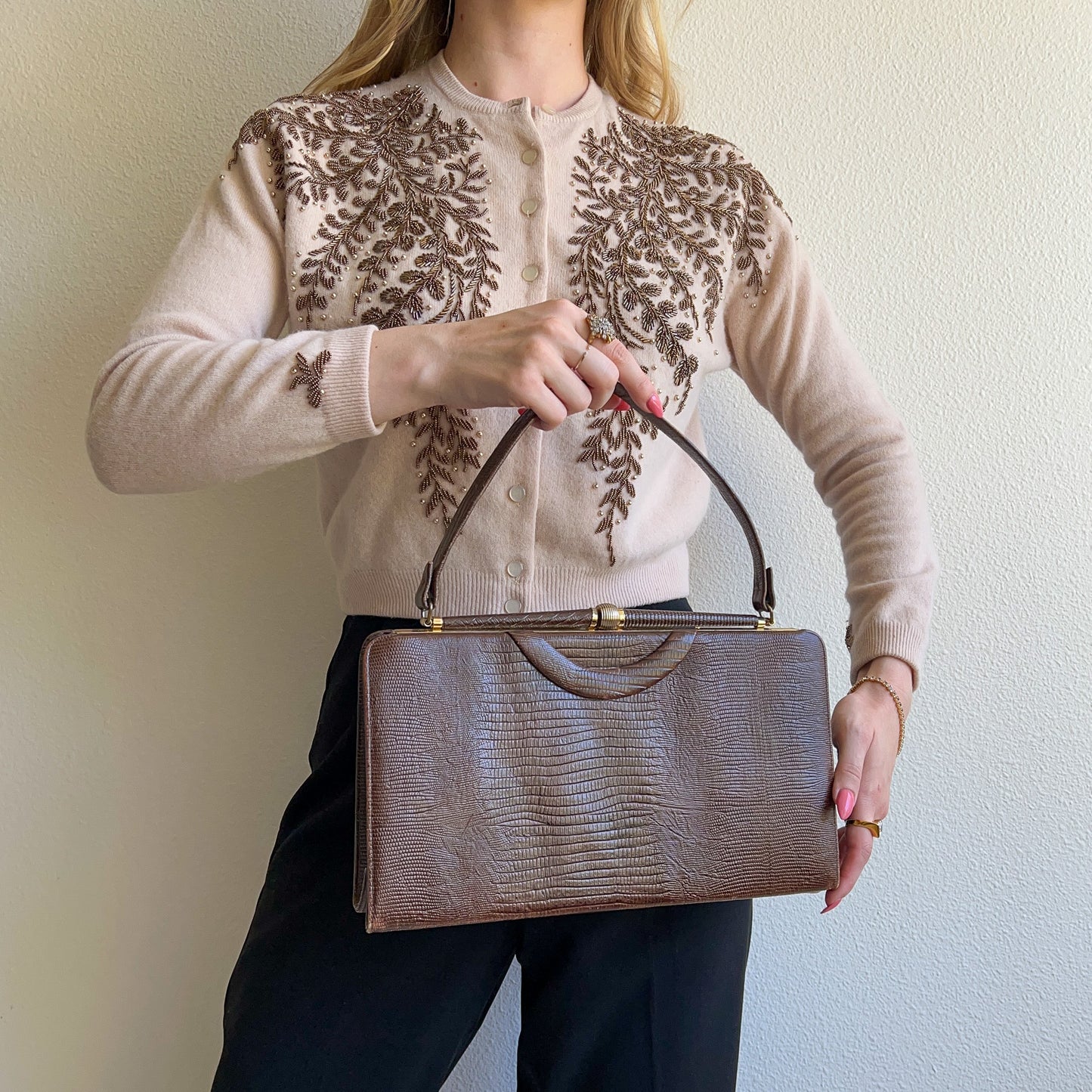 1950s Chocolate Brown Faux Lizard Handbag