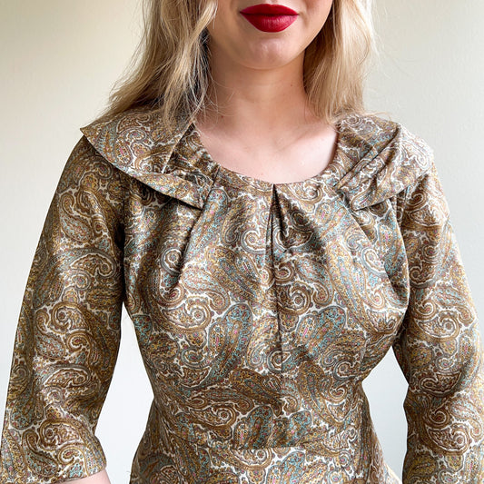 1950s Brown and Blue Paisley Print Silk Dress (M/L)