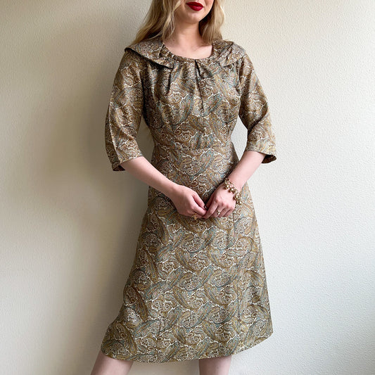 1950s Brown and Blue Paisley Print Silk Dress (M/L)