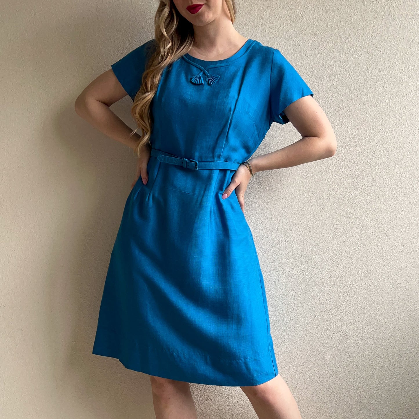 1950s Cerulean Blue Belted Day Dress (L)