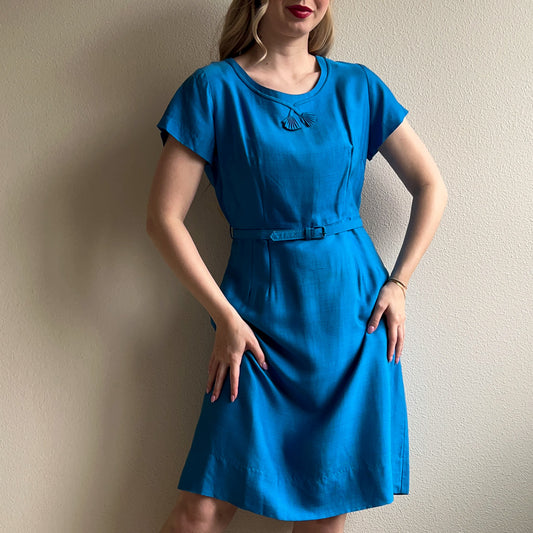 1950s Cerulean Blue Belted Day Dress (L)