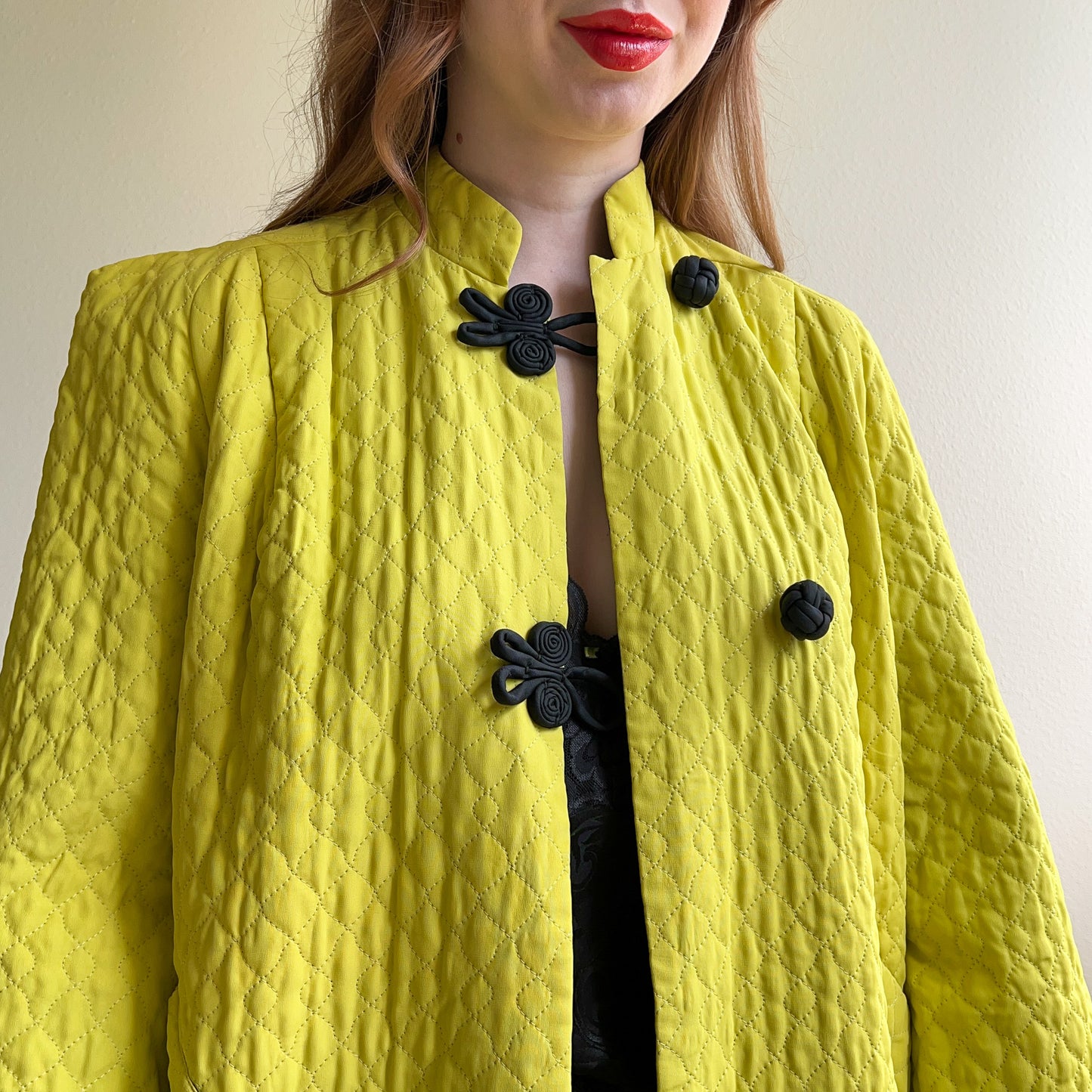 1950s Chartreuse Quilted Jacket With Black Toggle Buttons (M/L)