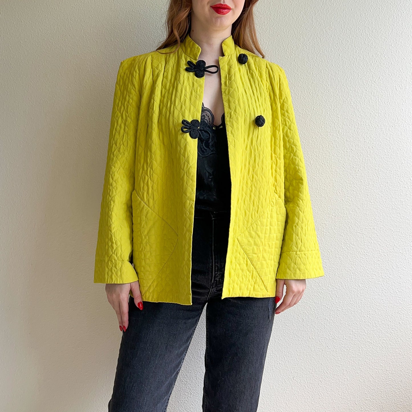 1950s Chartreuse Quilted Jacket With Black Toggle Buttons (M/L)