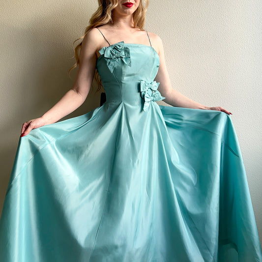 Coquette 1950s Cinderella Blue Taffeta Gown With Bows (XS/S)