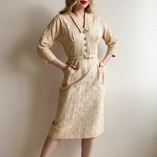 1950s Cream Lace Dress With Pockets and Rhinestone Buttons (S/M)