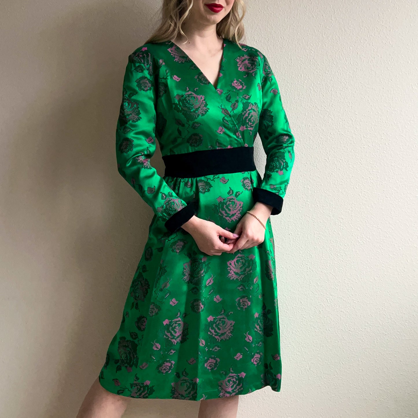 1950s Emerald Satin Dress With Pink Florals (M)