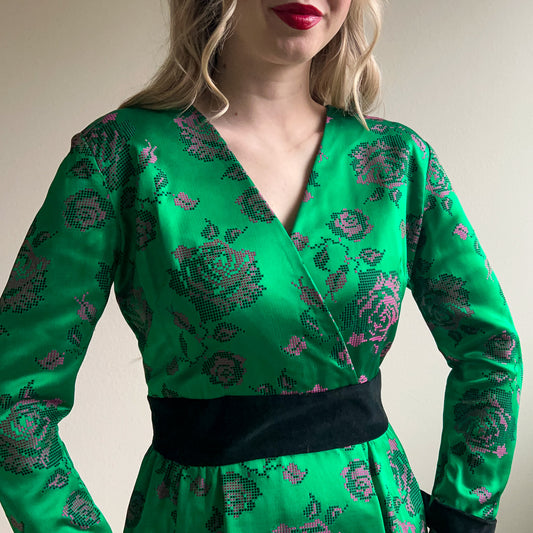 1950s Emerald Satin Dress With Pink Florals (M)